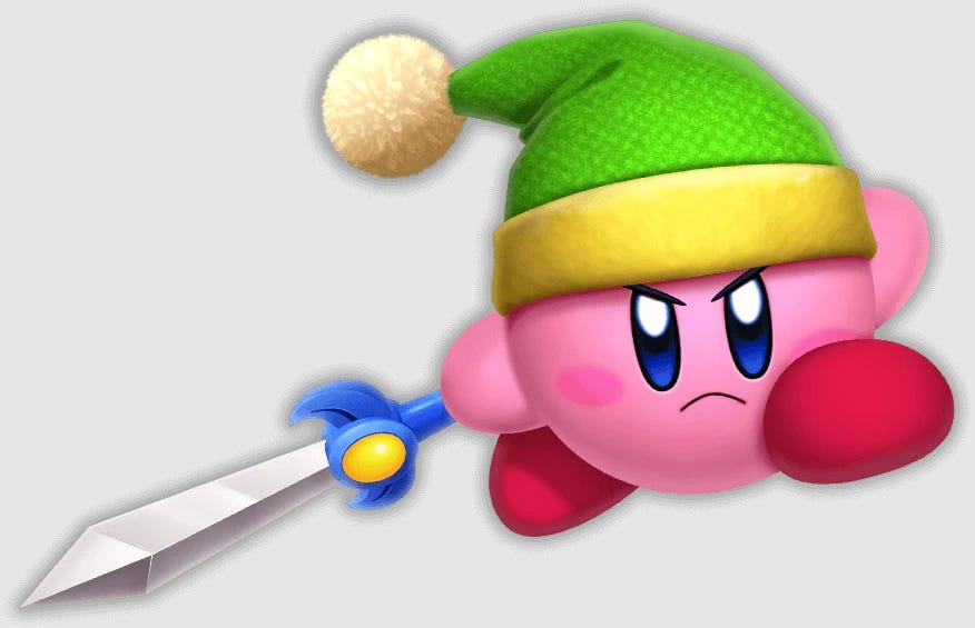 Art of Kirby in his sword form, as seen in games like Super Star. The links to Zelda are obvious, given the green hat and Master Sword design/color scheme for the sword
