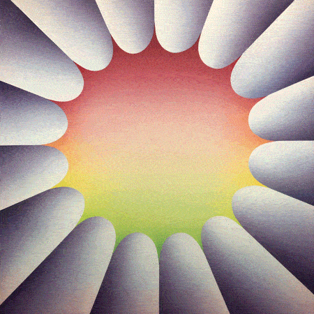 An animated photo loop using photos taken of Judy Chicago’s 1973 painting Through the Flower 2, with purple black white petals around a red yellow green orb. The photos move in and out for a bit like the flower is breathing, then zooms in and out to reveal the wall the painting is hanging on at the de Young Museum, to a sticker with the painting against the wall text that reads “Judy Chicago” in huge letters, to the gift shop where it is printed on t-shirts, handbags, scarves, stickers, puzzles, and the cover of the exhibition catalogue, where it ultimately zooms in and loops again. The person looking at the stack of books is my mother.