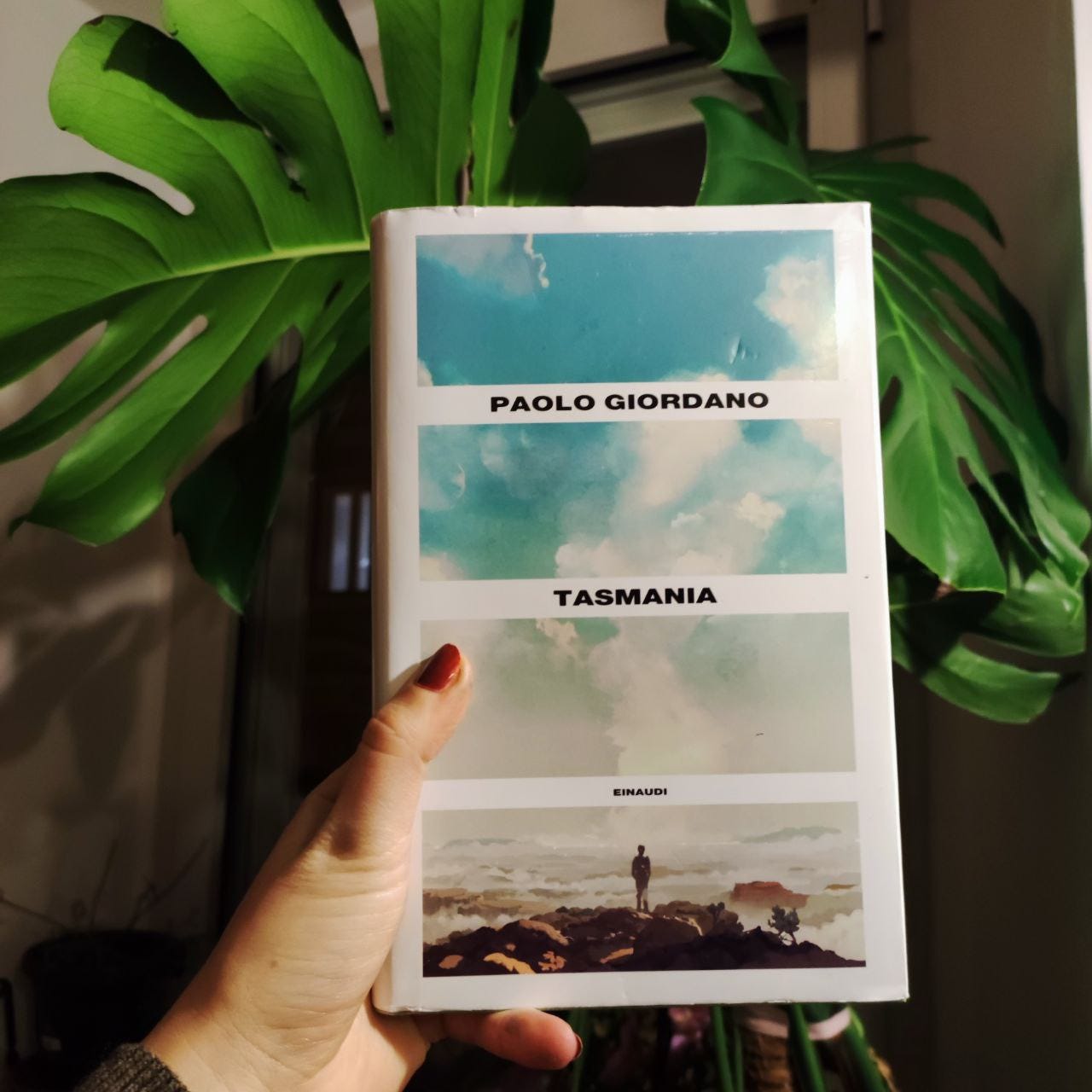 Una mano tiene un libro: è Tasmania di Paolo Giordani. La copertina è suddisiva di quattro rettangoli, c'è la figura di uomo che guarda un paesaggio di nuvole. Dietro al libro c'è una pianta, per la precisione una Monstera.