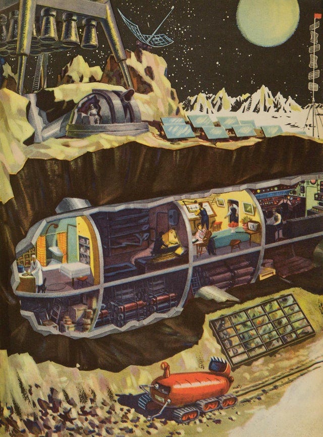 r/RetroFuturism - Technology for the Youth, issue 2, 1959, illustration by B. Dashkov for the article ‘What Would a Space Station on the Moon Look Like?’ Picture credit: The Moscow Design Museum