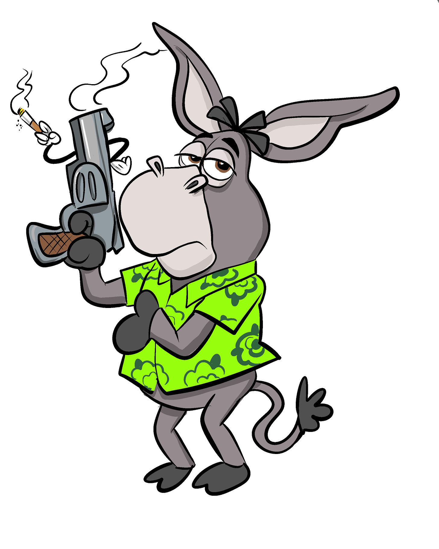 Illustration of Hoté the Jackass Letters mascot holding a gun that is smoking a cigarette.
