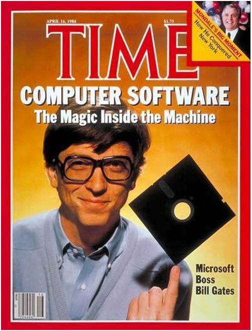 Time Magazine April 1984 with Bill Gates on the cover. Hes wearing a button down shirt balancing a 5" floppy disk on his finger. The title is "Computer Software: The Magic Inside the Machine" caption Microsoft Boss Bill Gates