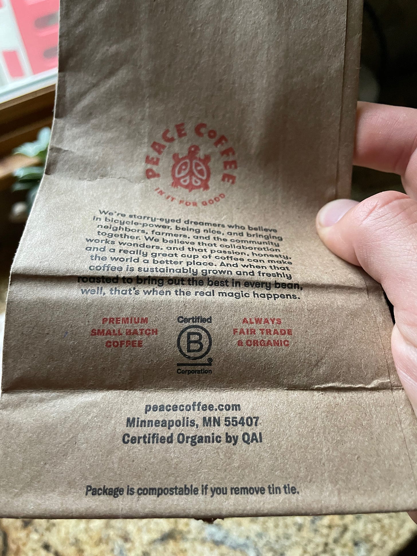 compostable coffee bag from peace coffee