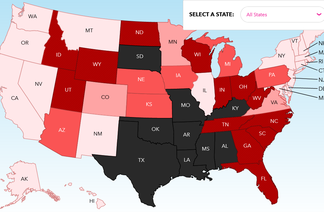 A map of abortion legality by state in the U.S. 