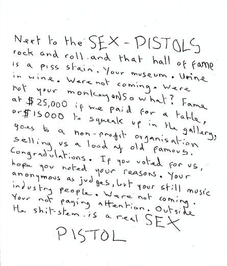 Sex Pistols Rock and Roll Hall of Fame Letter (2006) - Sex Pistols | The  Official Website
