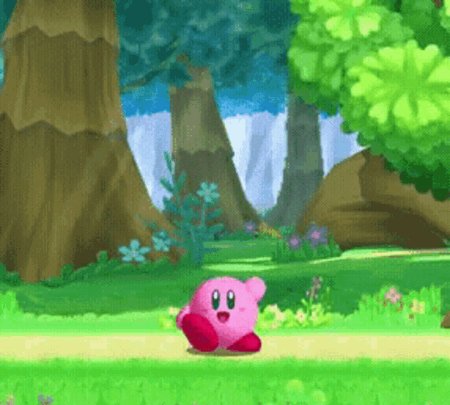 A gif of Kirby doing his post-victory dance and pose in the forest