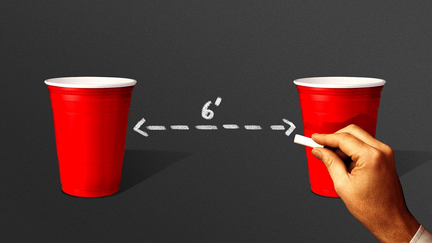 Illustration of a hand drawing a line in chalk that reads six feet between two red cups