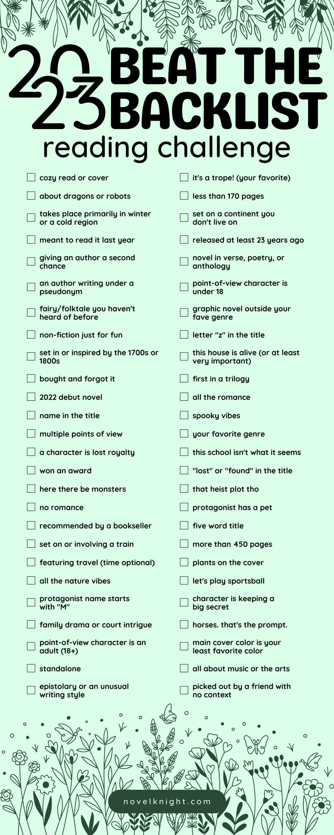 List of 52 reading prompts for the Beat the Backlist reading challenge.