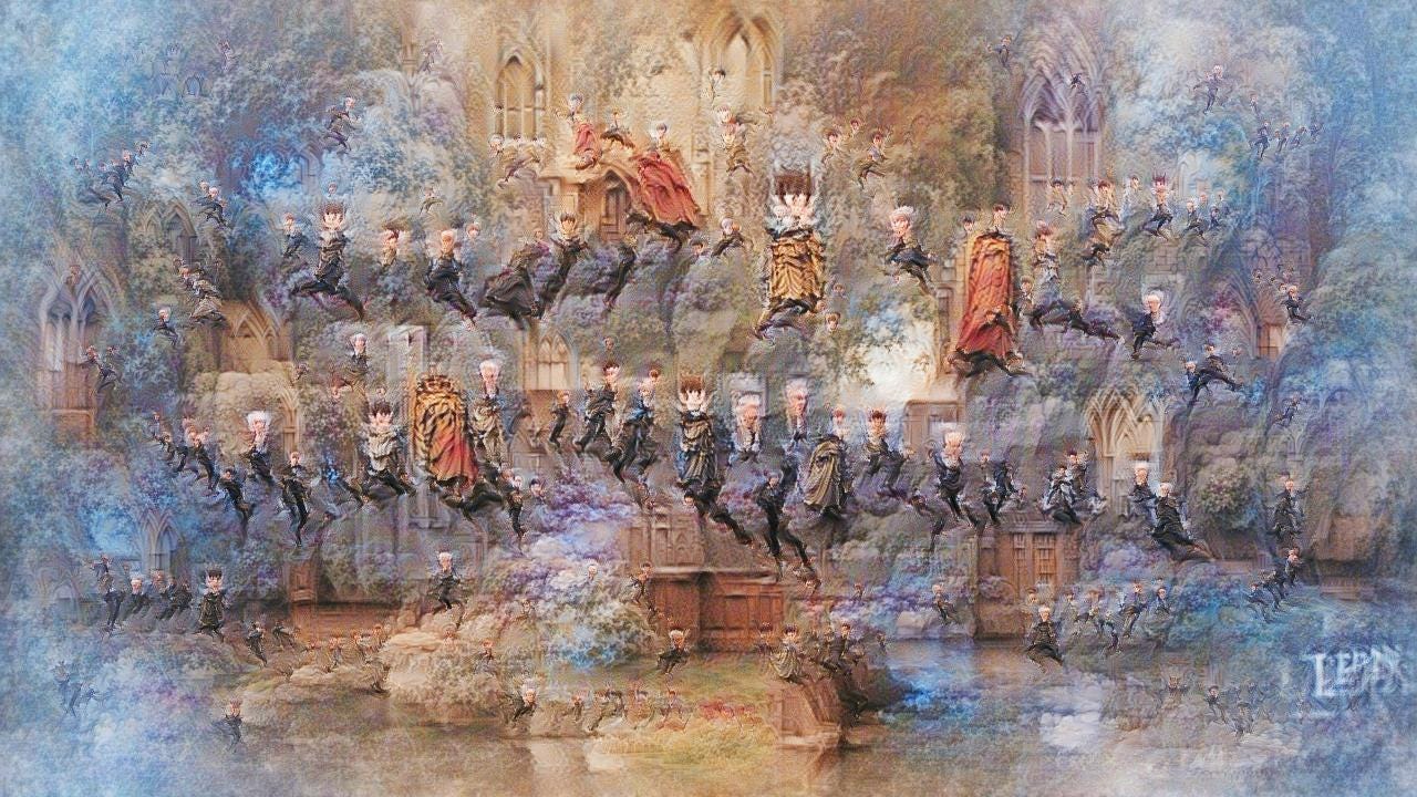 A gothic parliament-like hall with a bunch of whitehaired figures in business suits leaping high into the air, like one of those fun wedding photos.