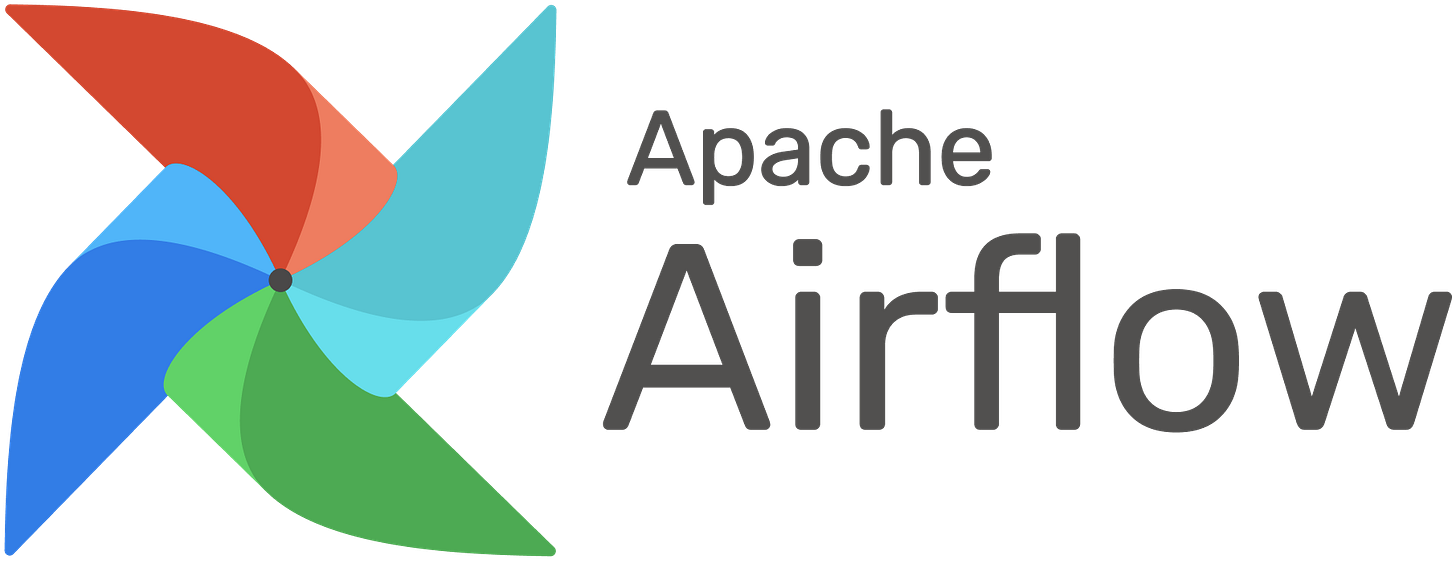 Apache Airflow logo is depicted as a red, light blue, light green and turquoise foil wind mill