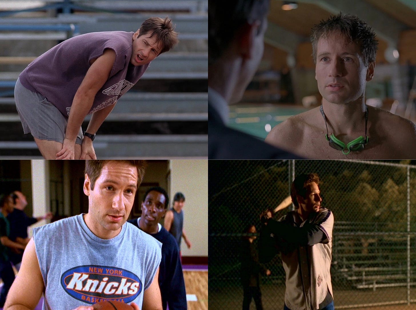 Four images, clockwise from top left: Mulder leaning over, out of breath, in an old t-shirt; Mulder, looking concerned and topless with swimming goggles around his neck; Mulder, playing baseball in the dark; Mulder, in a Knicks shirt looking determined while playing basketball
