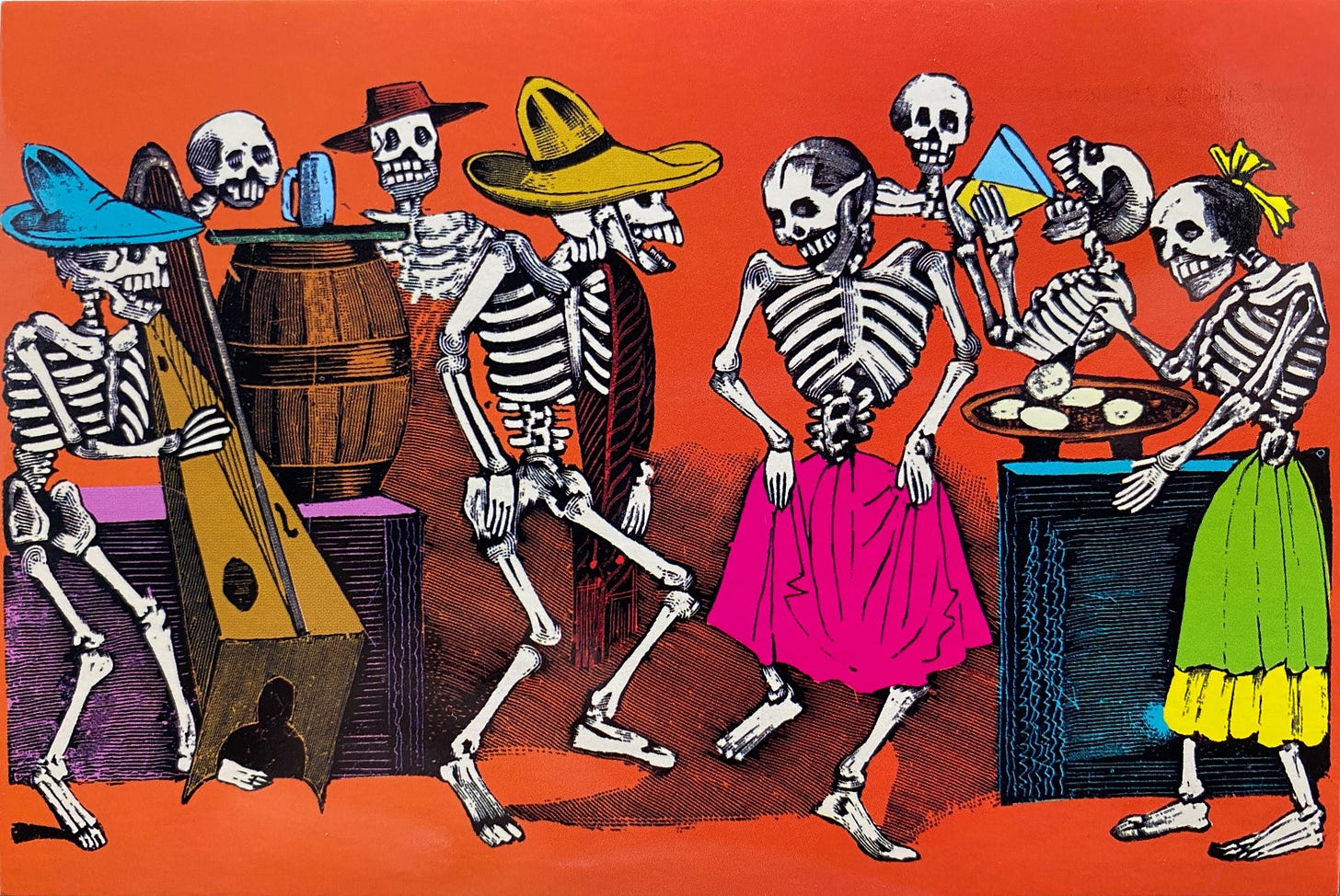 In the forefront, two skeletons, one with a sombrero, another one with a pink skirt, facing each other, dancing. Around them, a skeleton playing Mexican harp, another one cooking tortillas in a comal, other just drinking in the background.