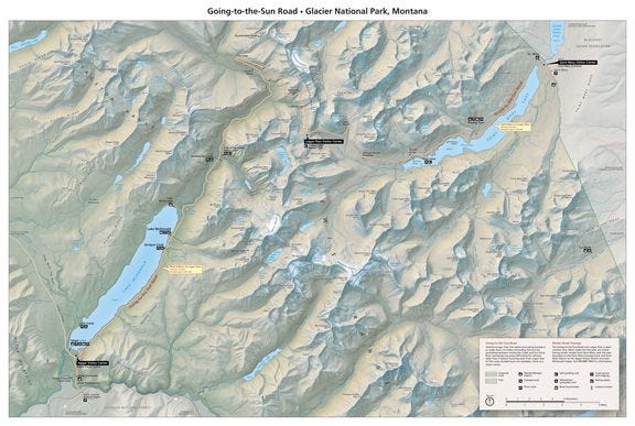Map with shaded releif of Going to the Sun Road by Tom Patterson of the National Park Service.