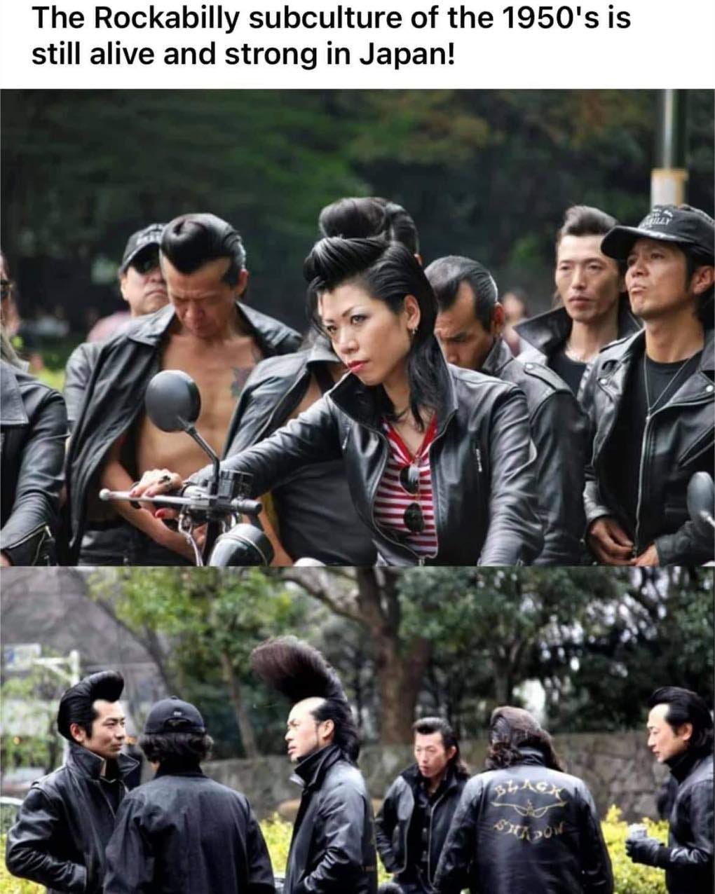 May be an image of 11 people, people standing, outdoors and text that says 'The Rockabilly subculture of the 1950'sis still alive and strong in Japan! BL人CR'