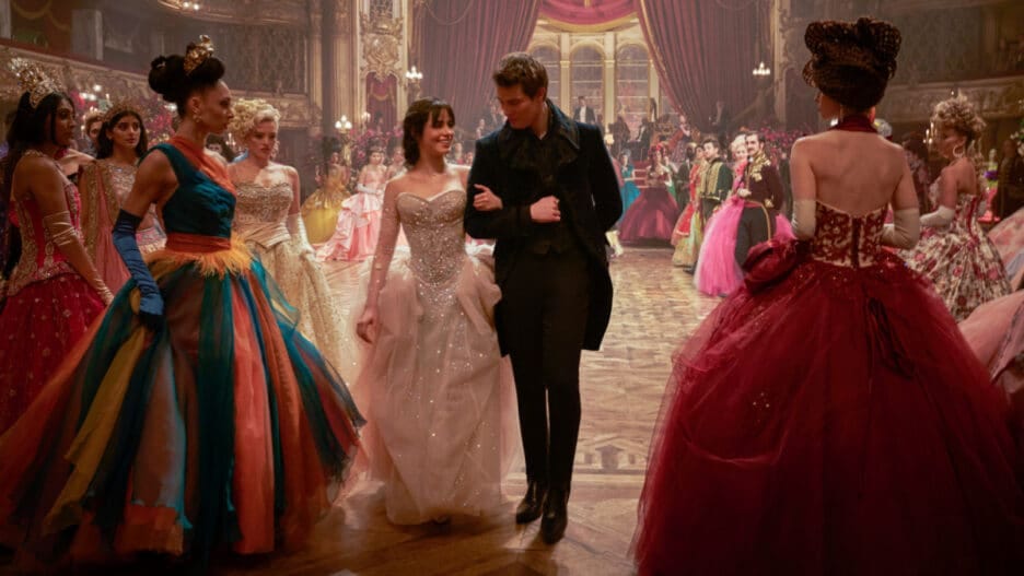 Camila Cabello and Nicholas Galitzine stroll through the ball as Cinderella and Prince Charming