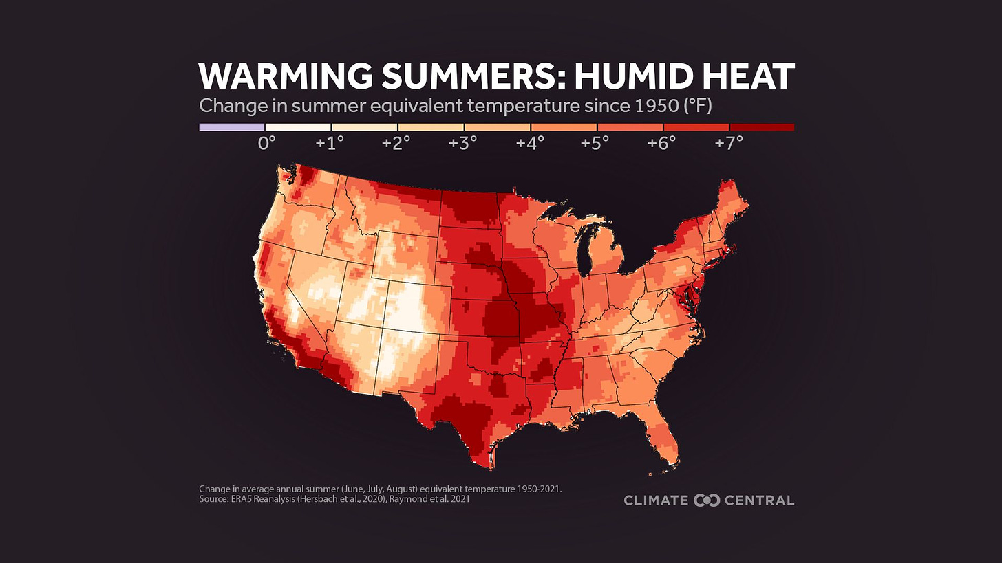 Warming Summers: Humid Heat | When extreme heat is combined with high humidity, the health risks multiply. Summertime humid heat has increased three times more than air temperatures across the U.S. since 1950.