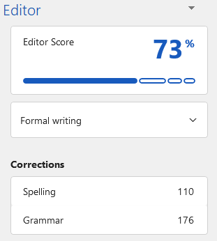 Editor pane in MS Word showing a score of 73%