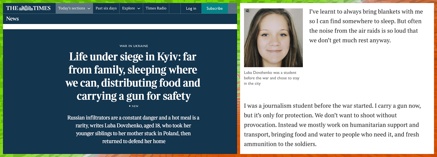 screenshots of an article in @TheTimes featuring "Luba Dovzhenko", an imaginary journalist student with a GAN-generated face