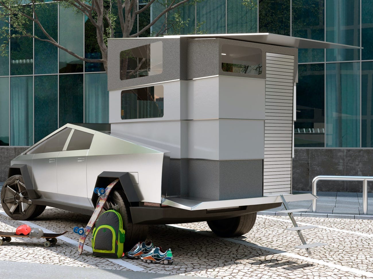 A fake Tesla cybertruck with an equally fake rendering of a deployed “Cyberlandr” pretend camper insert.