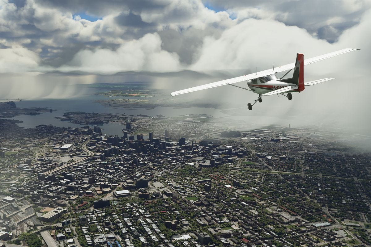 a plane flying over Baltimore toward the Chesapeake Bay in Microsoft Flight Simulator