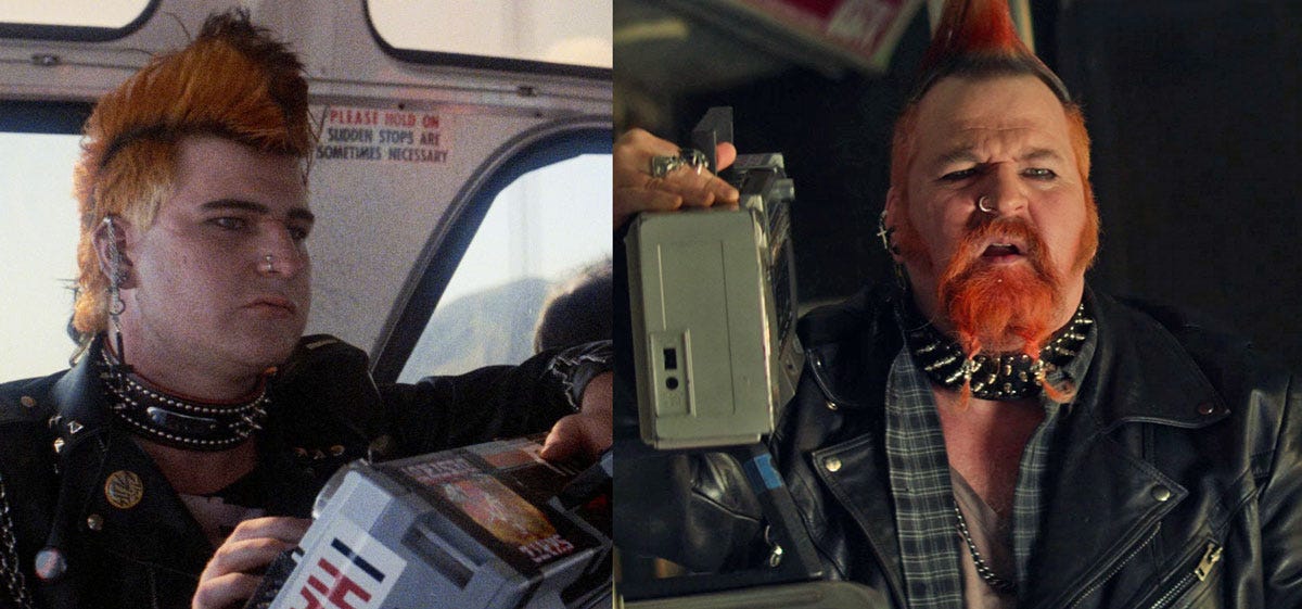 This diptych shows the same punk character (played by Kirk R. Thatcher) riding a 1986 San Francisco bus (on the left) and a 2024 Los Angeles bus (on the right). This diptych shows the same punk character (played by Kirk R. Thatcher) riding a 1986 San Francisco bus (on the left) and a 2024 Los Angeles bus (on the right).