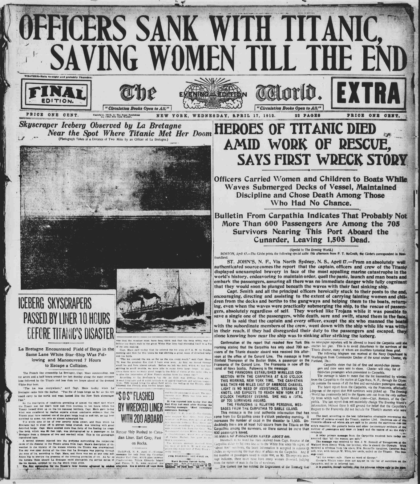 Titanic Newspaper Front Page 1912-04-17 The Evening World (New ...