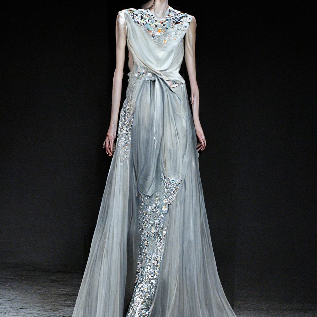“An elegant dress as pale grey as the dawn, shimmering with white opals clinging to the dress in patterns reflecting both the setting moonlight and rising sunlight.