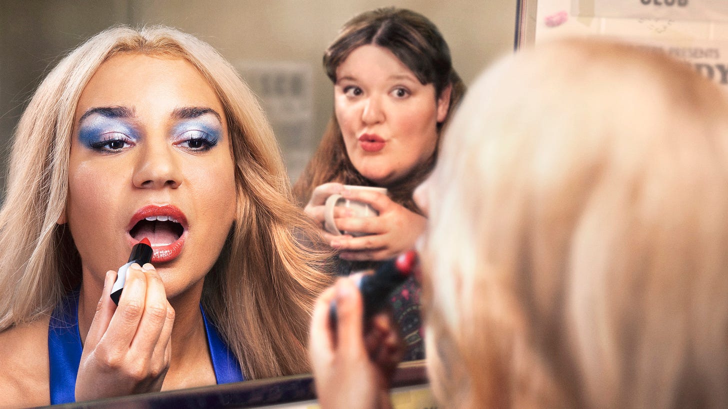 A heavily made-up female singer applies make-up in front of a mirror.