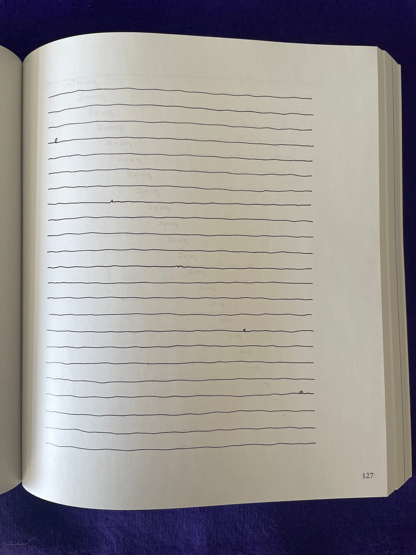 The letters of the word “linea” (line) written diagonally down the page in small swirls of letters, using some of the straight lines lines.