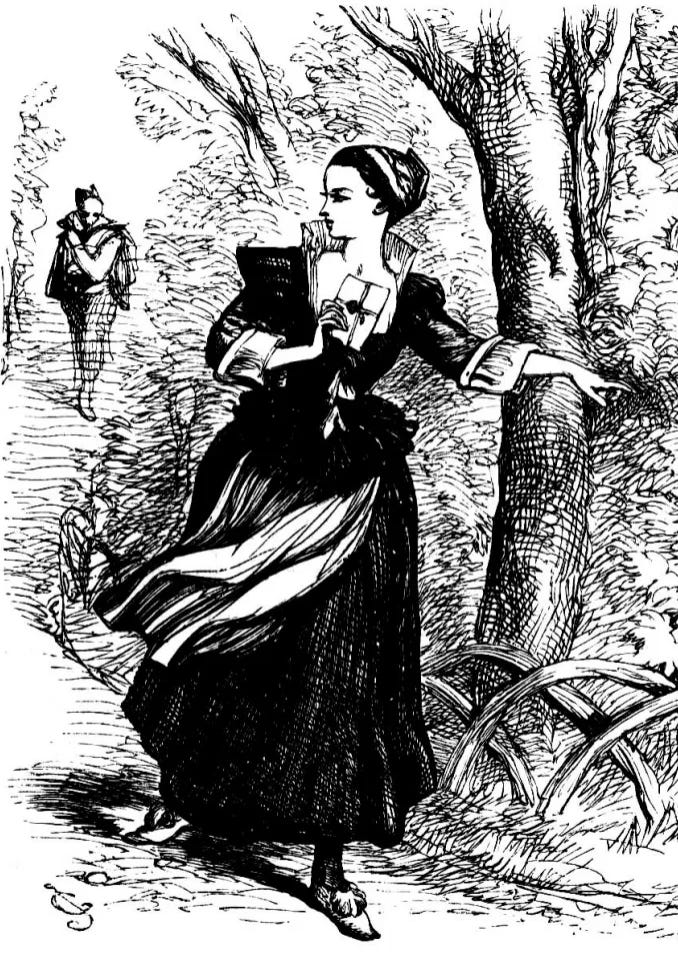 a black and white etching of a woman in a black dress and white apron, mid-stride. she holds a letter in one hand and with the other points at unseen people out of frame. she looks over her shoulder at a man approaching on the path behind her. there are trees in the background.