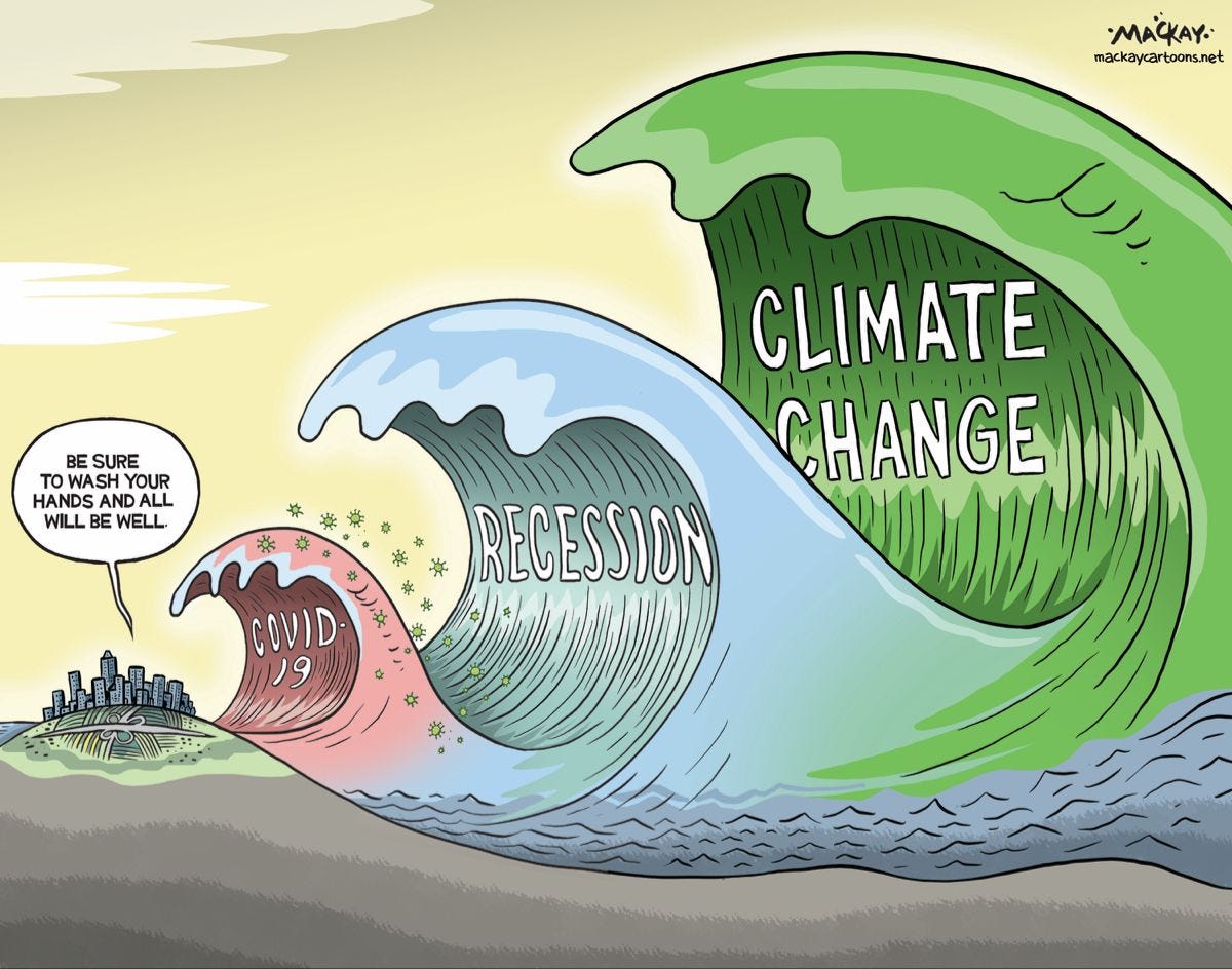 A tiny city telling us to wash our hands, about to be engulfed by a small wave labeled COVID-19, followed by a larger wave labelled RECESSION, followed by an even larger wave labelled as CLIMATE CHANGE.