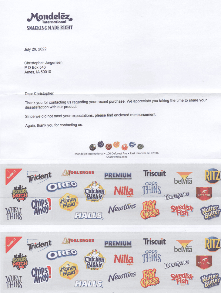Scan of the letter from the parent company of Sour Patch Kids. Transcript follows.