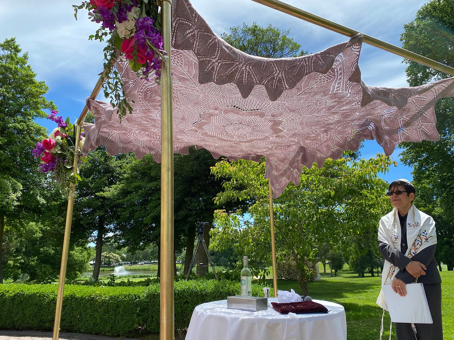 Dr. Brink knit this beautiful dusty rose chuppah for her recent wedding.
