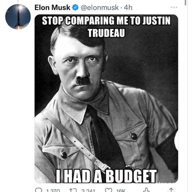Frederick Joseph on Twitter: "Elon Musk deleted a tweet comparing Justin  Trudeau to Adolf Hitler over Trudeau's opposition to the trucker protest in  Canada. I wish I could find the words to
