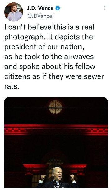 May be an image of 3 people and text that says 'J.D. Vance @JDVance1 I can't believe this is a real photograph. It depicts the president of our nation, as he took to the airwaves and spoke about his fellow citizens as if they were sewer rats.'