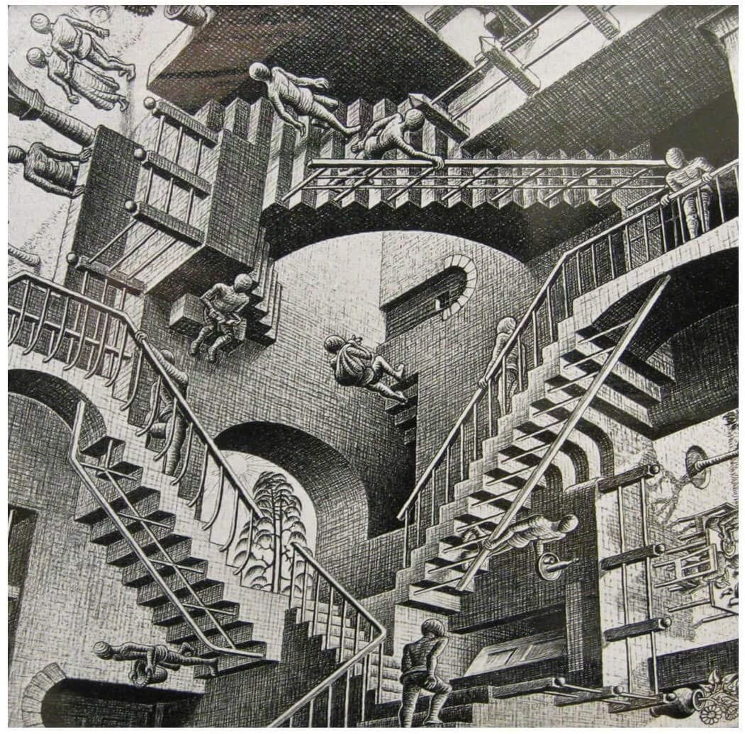 MC Escher's "House of Stairs," with various stairs leading off into different rooms at unreal angles.