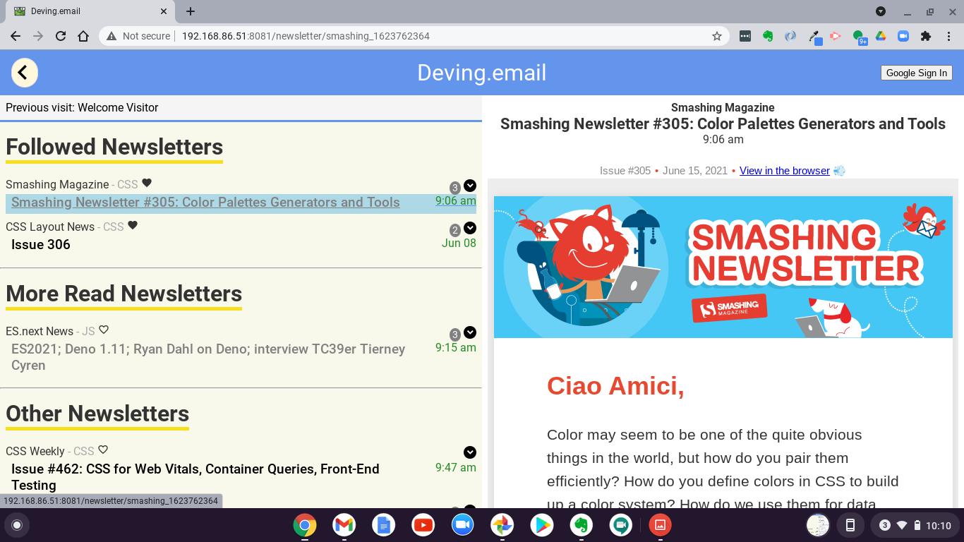 View of the app with Smashing Newsletter followed and being displayed.