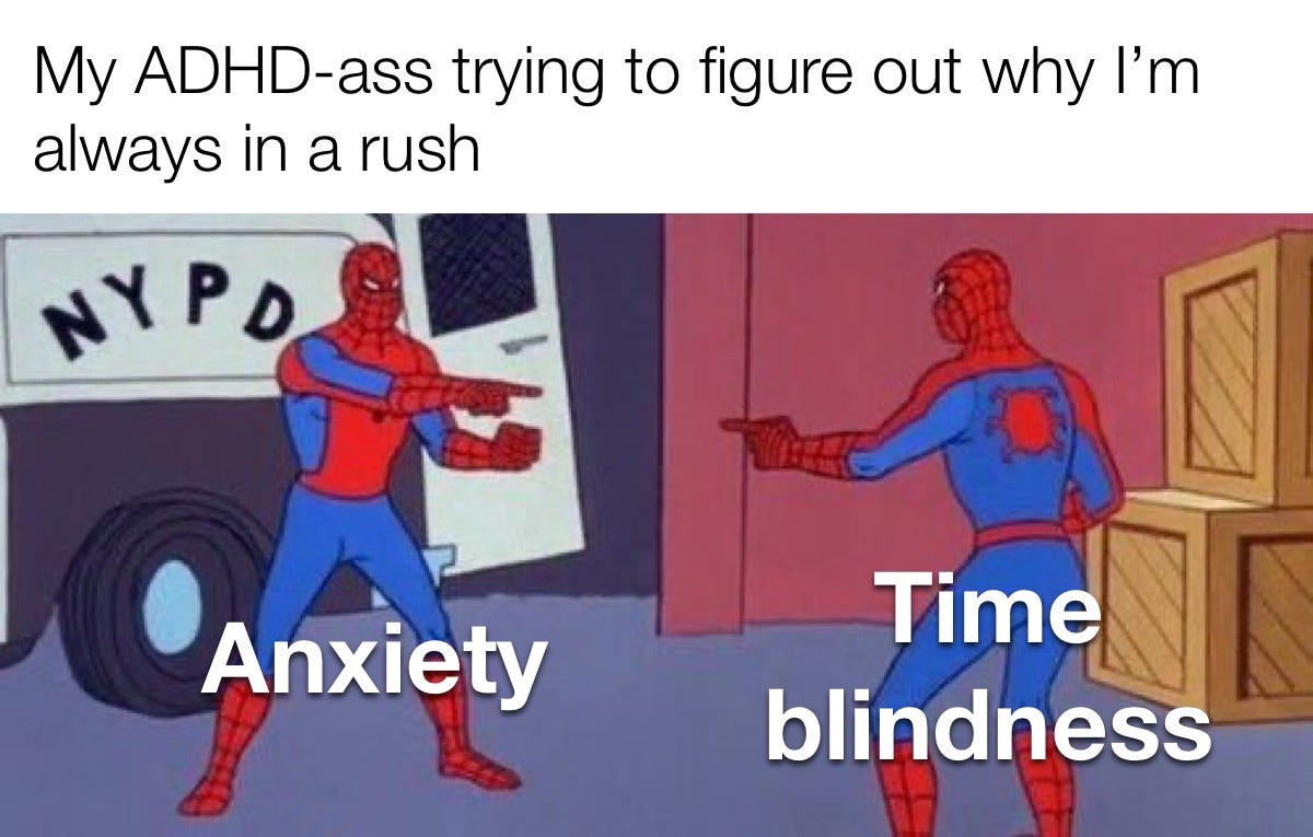 Meme caption: my ADHD-ass trying to figure out why I'm always in a rush. Two identical Spider-Men pointing at each other, one labelled "Anxiety" and the other labelled "Time blindness."