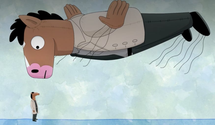 a screenshot from bojack horseman: against a light blue background, bojack, an anthropomorphised horse wearing a trenchcoat, looks up at a giant balloon version of himself which seems to be looking directly at him.