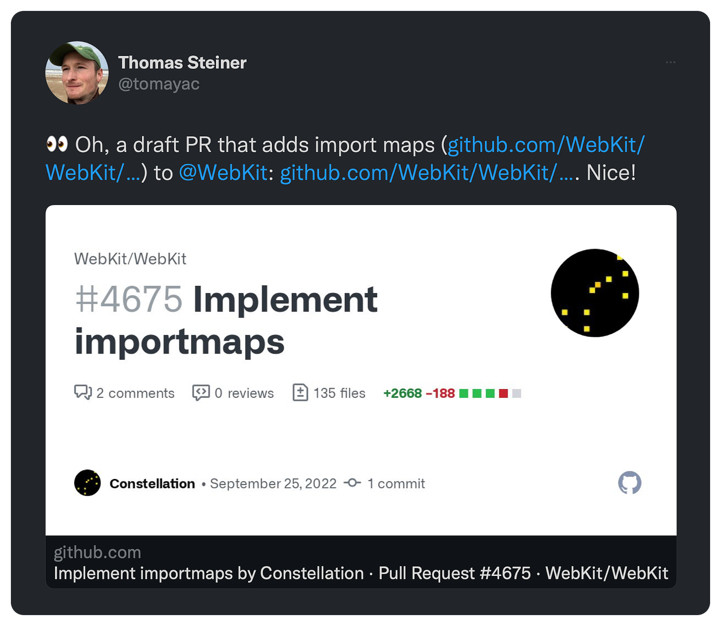 👀 Oh, a draft PR that adds import maps (https://t.co/GxMpSNQjY8) to @WebKit: https://t.co/GxMpSNQjY8. Nice!