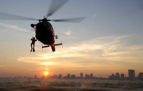 Atlantic City, NJ ( Sept. 18, 2006)--A Coast Guard rescue swimmer from Air Station Atlantic City prepares to enter the water off of Atlantic City, NJ, during a water rescue training exercise Sept. 18, 2006. U.S. Coast Guard photo by PAC Tom Sperduto