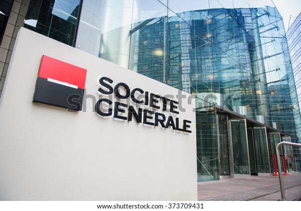 PARIS, FRANCE - DEC 3, 2014: Societe Generale Headquarter entrance in La Defense. Societe Generale is the 7th largest bank in Europe (Q4 2015)