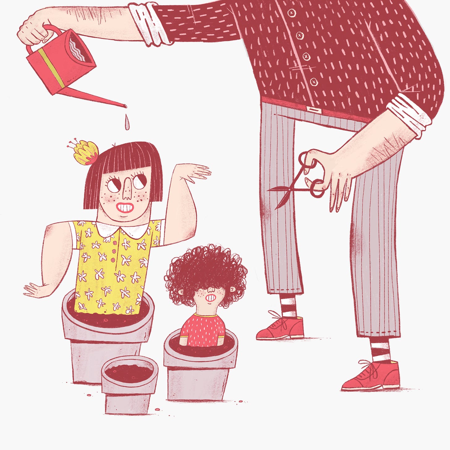 A father waters two plant pots, as his two children sit inside them, the girl smiles and holds her arms like a cactus. A father waters two plant pots, as his two children sit inside them, the girl smiles and holds her arms like a cactus.