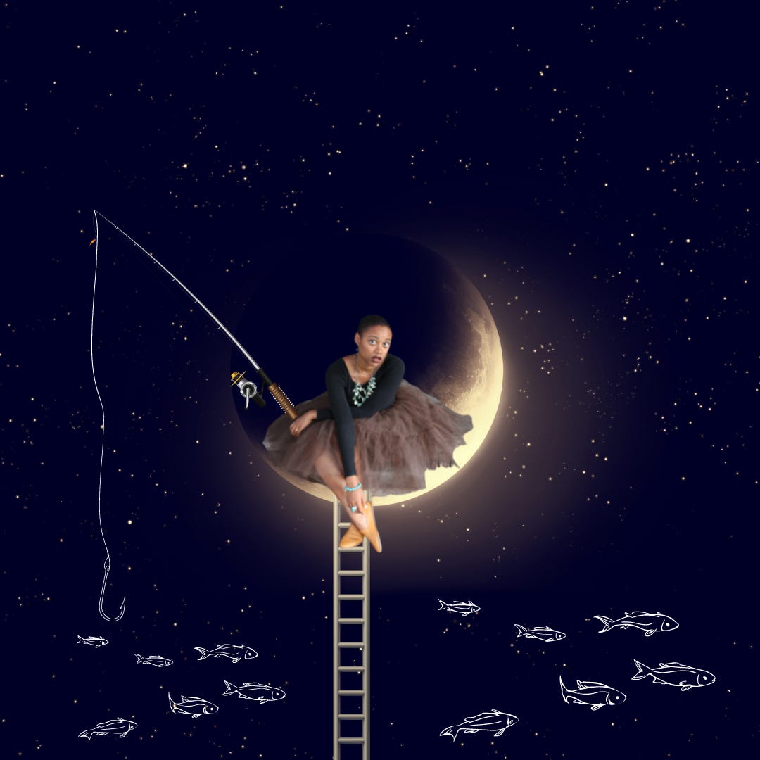 A fantastical collage of a young black woman with cropped hair sitting on a crescent moon wearing a netted skirt splayed out beneath her. She is holding a fishing rod which dangles into the dark night sky that surrounds her. Beneath is a ladder going downwards, and outlines of a shoal of glowing, cartoon fish, swimming off to the right.