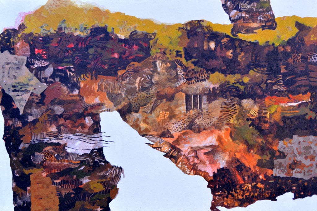 Suntharam Anojan’s artworks depict the browns, ochres and greens in the landscape of the Vanni where he lives. He portrayswar atrocities through what the ground, humans and other living species have witnessed including burnt forests, remnants of explosives and flattened homes.