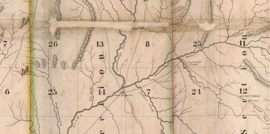Portion of 1831 Land Lottery Map showing where the Cherokee capital of New Echota was located at the confluence of the Conasauga and Coosawattee Rivers.