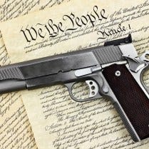 9mm handgun and We the People page of the Constitution