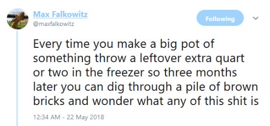Screenshot of a funny tweet about leftovers