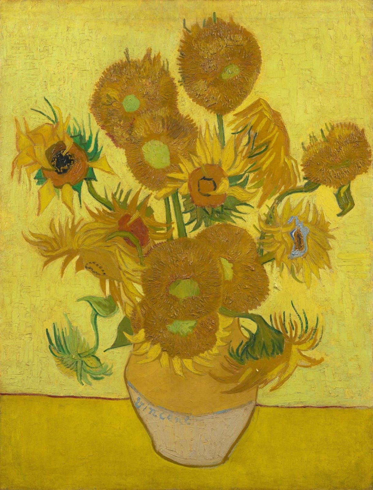 Fifteen sunflowers erupt out of a simple yellow vase against a blazing yellow background. Some of them are fresh and perky, ringed with halos of flickering, flame-like petals. Others are wilting and have begun to droop. The crisp green stems are the only contrasting color.          
