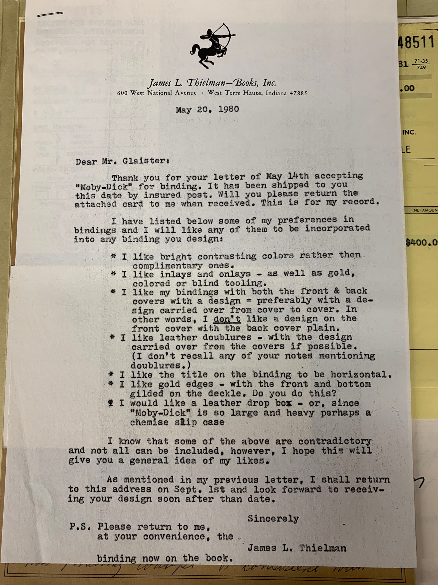 Letter from Thielman to Glaister regarding his likes: bright contrasting colors, inlays and onlays, continuous design from front to back cover, leather doublures that carry over the cover design, gilted edges, drop-back leather case. 